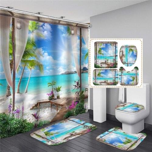 3D Sunny Beach Printed Shower Curtain Set Waterproof Sea Scenery Bath Screen Bathroom Curtains Non Slip Bath Mat Pedestal Rug