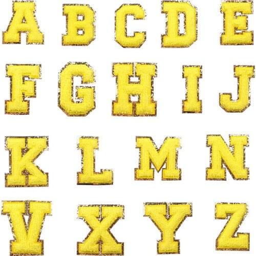 Pulaqi Yellow Towel Embroidered Letters Sewing On Patch Diy Badge Alphabet Sequins Patches For Kid Clothing Patterned Patch