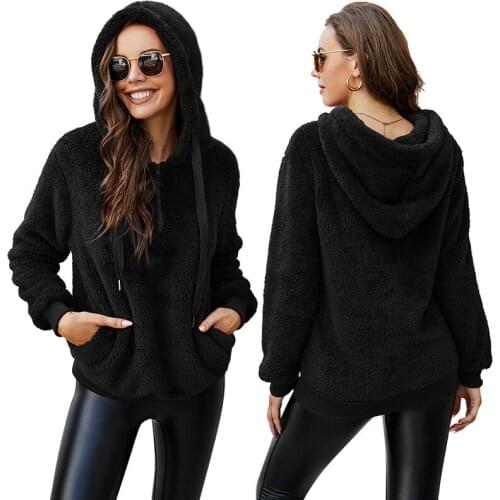 Autumn Winter Flannel Thick Sweatshirt Top Women Casual Loose Hooded Drawstring Solid Color Pocket Pullover Warm Outwear Female