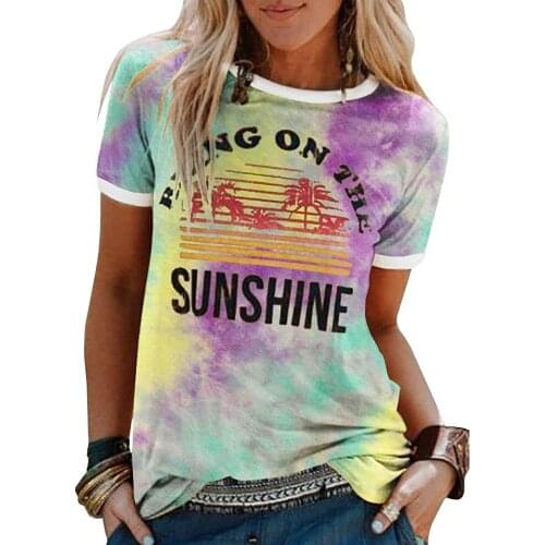 Women T-Shirt Tie-Dye Fashion Chic Casual Tree Sunshine Letter Printing Patchwork Cotton Slim Fit Round Neck Short Sleeve Tees