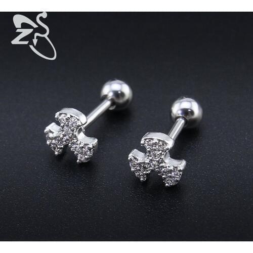 ZS Surgical Steel Earrings for Women Clover Earring Studs Crystal Cubic Zirconia Ear Studs Screw Secteur Silver Color Brincos