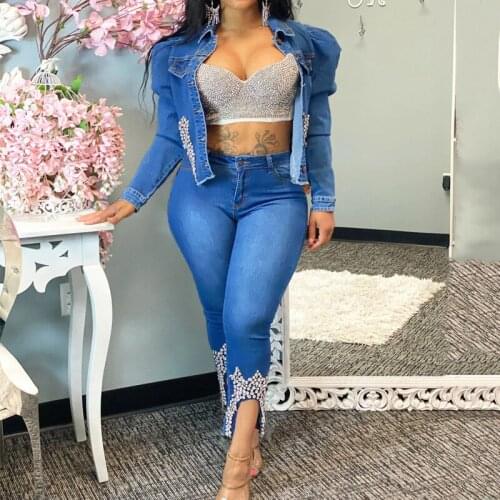 New Arrival Autumn Winter Women Two Piece Set Fashion Embroidered Flares Denim Coat + High Waist Jeans Suit Female Casual 2pcs