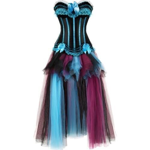 Women Sexy Corset Dress Vintage Blue Striped Bow Lace Corset Bustier Lingerie Top With Burleque Multicolor Tulle Long Skirt Set