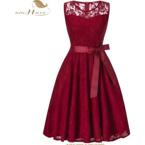 SISHION Women Lace Dress Sleeveless Tunic Swing Slim Vintage Ladies Sexy White Pink Wine Red Purple Navy Blue Black Dress VD0948