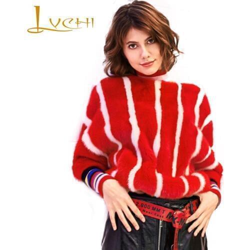 LVCHI Women Winter Real Fur Coat 2019 Three Quarter Mink Coat Female Striped Natural Fur Causal Imports Women Pullover Mink Coat