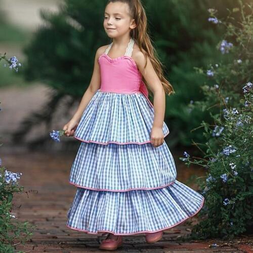2019 kids dress for girl / tie-back girl dress / tartan long dress