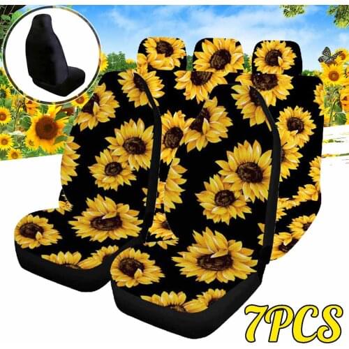 7PCS 3D Car Seat Cover Universal Auto Sunflower Print Seat Case Polyester Fiber Car Decoration Protector Mat Pad Accessories