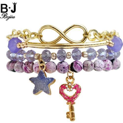 BOJIU 4 Pcs/Set Trendy Star Heart Key Number Eight Charm Bracelets Gold Copper Link Bar Natural Stone Crystal Bracelet BCSET133