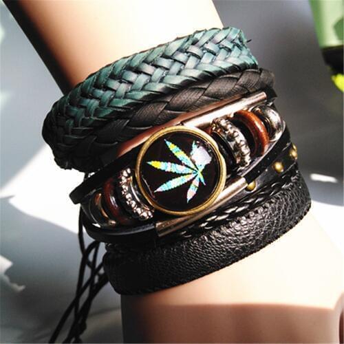 Blue Weed Leaf Handmade Wrap Woven Black Rivet Fashion male Infinity Jewelry Guitar Wing Feather Leather Men Bracelets Women