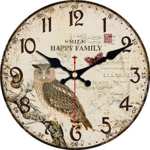 Shabby Chic,Owl Wall Clocks,Vintage Retro Rustic London Design Wall Watches Home Decor,Silent Round Wall Clock