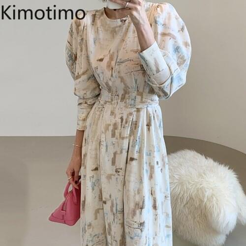 Kimotimo Elegant Print Dress Women Korean Chic Temperament O-neck Chic Belt Waist Autumn New Puff Long-sleeved Long Dresses