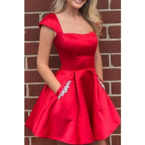 Elegant Short Cap Sleeve Satin Red Homecoming Dresses with Pockets Knee Length Lace Up Back Graduation Dresses for Juniors