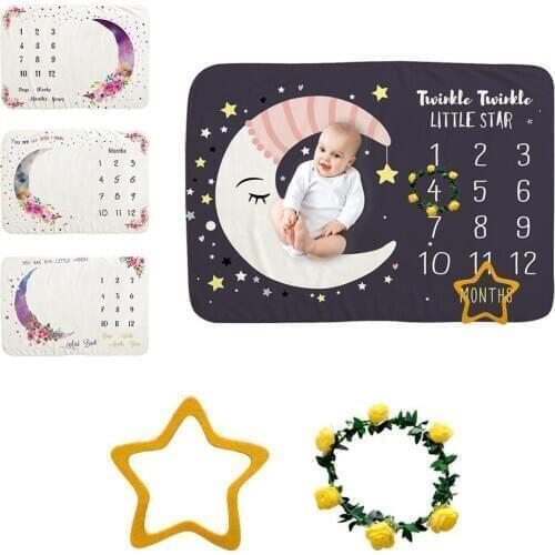Moon Floral Print Flannel Baby Monthly Milestone Blanket Photo Prop Backdrop