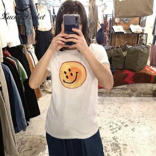 Women Summer White O-Neck Cotton Cute Smiley Print T-shirt Ladies Fashion Couple Plus Size Tees Female Brand Casual Tops ZM169