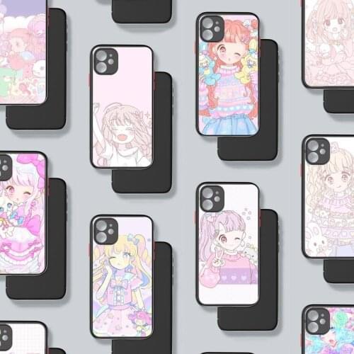 Kawaii Pastel Anime Phone Case For iphone 12 11 8 7 plus mini x xs xr pro max matte transparent cover