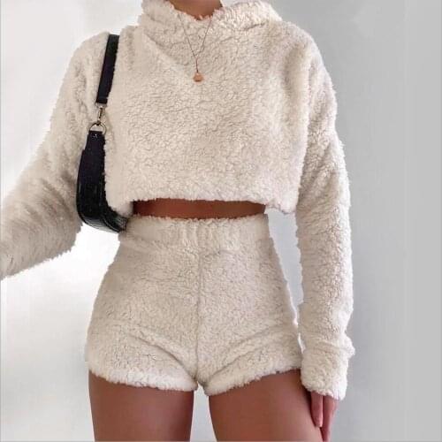 Autumn Winter Velvet Two Piece Set Soft Fluffy Suits Hooded Coat + Shorts Pants Sportwear Tracksuit Outfit For Women Tracksuit