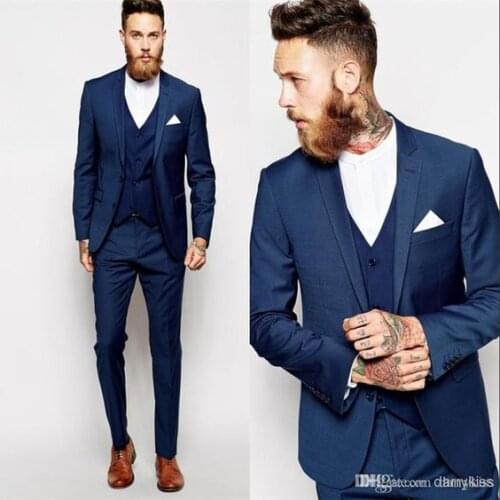Hot Selling Navy Blue Business Mens Suits 3 Pieces (Jacket+Pants+vest) Wedding Tuxedos Groomsmen Best Man Formal Suit for Men