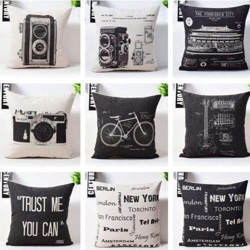 Retro Bicycle Camera Linen Pillow Cover Guitar Trust Me Cushion Cover Home Decorative Pillow Case 45x45cm/30x50cm