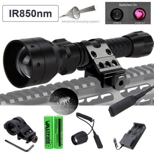 Zoomable Adjustable IR 850nm/950nm Infrared Light Hunting Flashlight Black Night Vision Torch+18650 Battery+Rifle Scope Mount