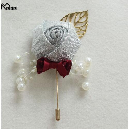 Meldel Wedding Boutonniere Prom Corsage Ceremony Flower Men Brooch Pins White Wedding Boutonniere Groom Buttonhole Ribbon Flower