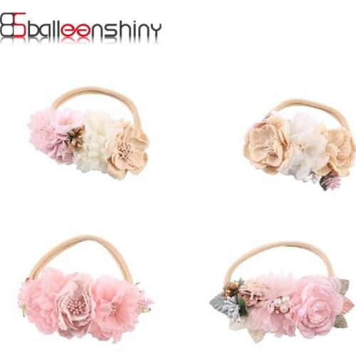 Balleenshiny Baby Pearl Nylon Headband for Kids Newborn Girls Floral Headwear Cute Princess Hair Band Infant Photography Props