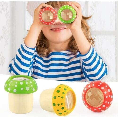 4 PCS Wooden Mushroom Kaleidoscope Toys Baby Puzzle Exploration Toys Multi-Angle Mirror Colorful Magic World for Kid