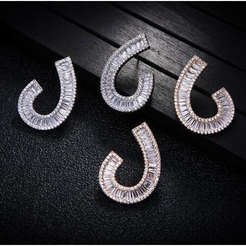 AAA Cubic Zirconia Pave Setting Baguette Stones Stud Earrings Womens Unique Jewelry,White/Gold colour E6656
