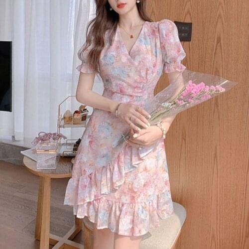 Chic Short Sleeve Sundresses for Women Summer Design Sweet Floral Dresses Boho Beach One Piece Dress Korean 2021 V-neck A-line