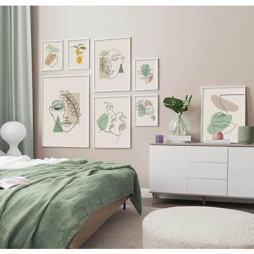 Nordic Green Line Drawing Kiss Face Canvas Poster Boho Abstract Plant Art Painting Simplicity Modern Wall Picture Home Decor