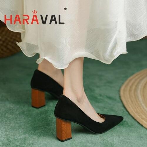 HARAVAL Women Pumps Shoes High Heels Elegant Cow Suede Pointed Toe Solid Slip-On Black Office & Career Shoes Women Classics A241