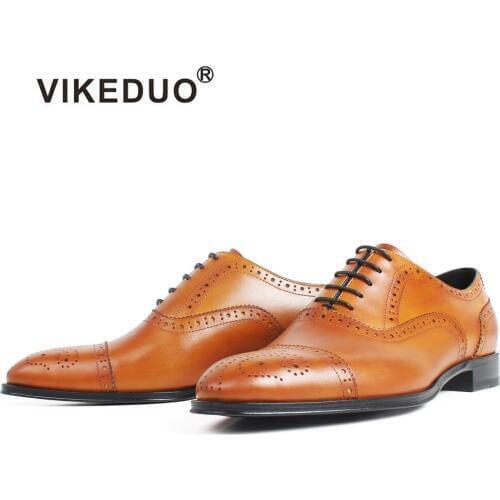 VIKEDUO Wedding Shoes Mens Dress Shoe Patina Brown Shoe Genuine Cow Leather Outsole Men Brogue Formal Leather Handmade Footwear