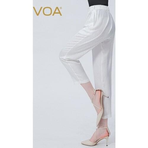 VOA Silk Jacquard Ivory White Natural Beef Tendon Elastic Waist Oblique Pocket Simple and Fresh Nine Straight Pants Women KE555