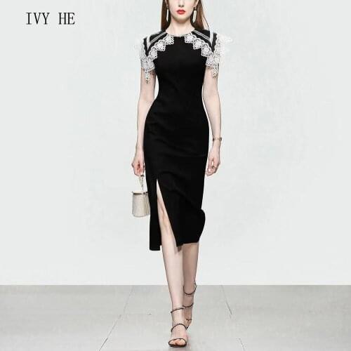 IVY HE High Quality Summer Dress Woman Clothing Hepburn Lace Neck Black Split Midi Long Dress Traf ZAfu Vintage Party Dresses