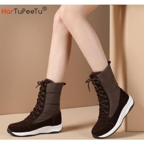 Women Snow Boots 2021 Winter Warm Plush Nubuck Patchwork Down Fabric Ankle Boots Cross Lace-Up Outdoor Waterproof Platform Shoes
