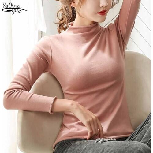 Plus Size Women Curled Side Autumn Pullover Long Sleeve Solid Blouse Fashion Half-high Collar Inner Bottoming Shirt Blusas 11215