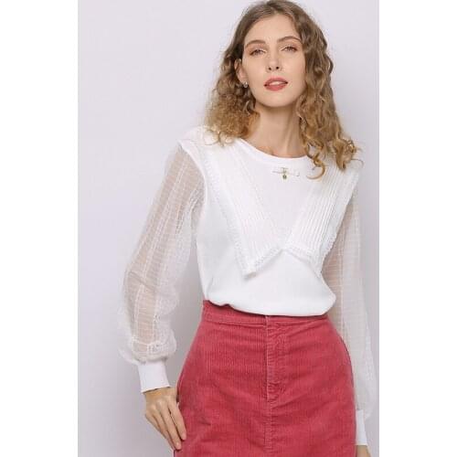 2021 spring womens new polyester fiber pullover sweater round neck top stitching lace long sleeve all-match bottoming shirt