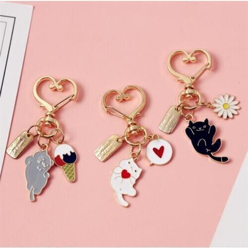 Cute Cat Keychain Cartoon Trinket Keyrings Love Heart Pendant Keyfobs llavero