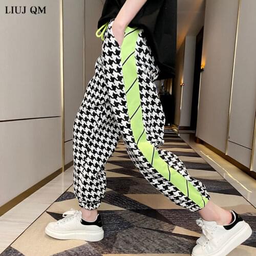 Summer White High Waist Houndstooth Pants Women Fashion Streetwear Plaid Patchwork Trousers Women Elastic Waist Harlan Pants