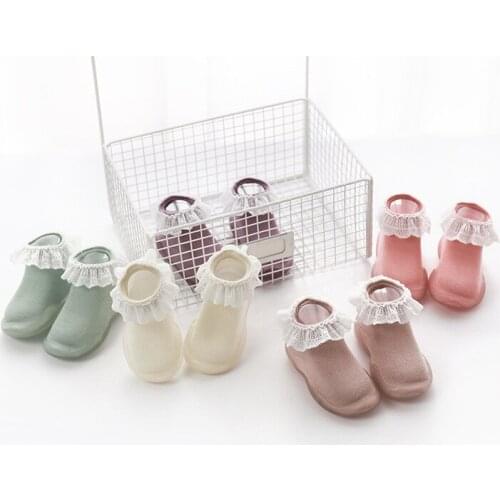Baby Shoes Lace Ruffle Soft Bottom Anti-slip Floor Socks Girl Kids Toddler Rubber Sole Infant Indoor Socks First Walker Shoes