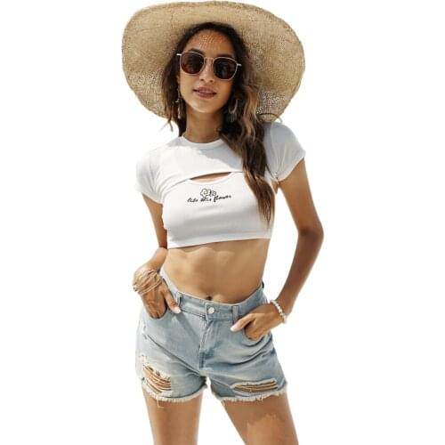 Women Crop Tops, 2-Piece Shoulder Cover Floral Letter Printed Vest Summer White Suit