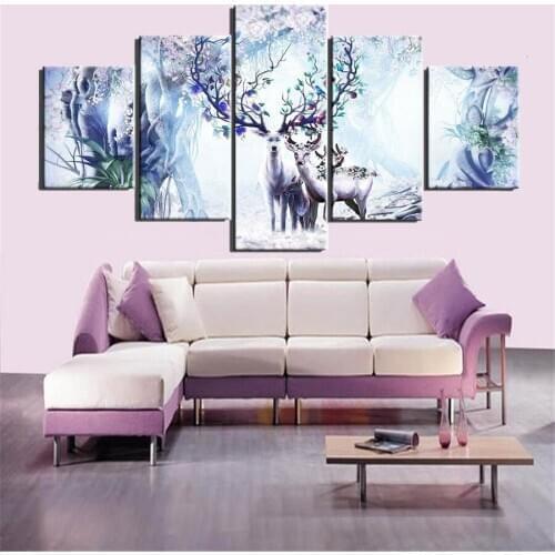 Paintings Canvas Art Frame 5 Piece Prints Snowfield White Deer Modular Pictures Home Decor Living Room Animal Decoration Posters