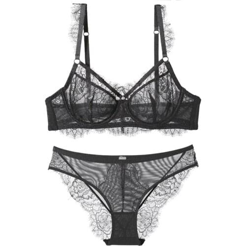 Black Eyelash Lace Transparent Bra And Panty Sets Ladies Sexy Lingerie Plus Size Thin Cup See Thourgh Underwear Women Set Green