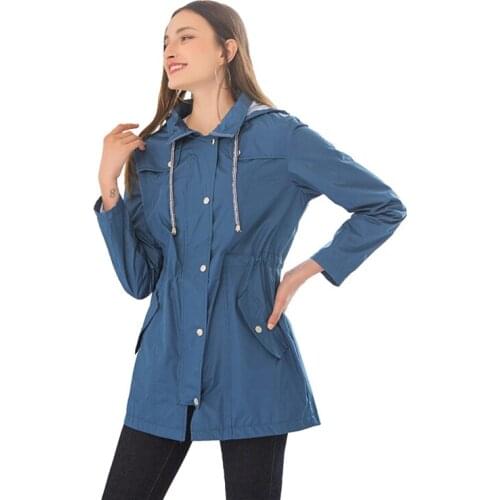 Womens Coat High Quality Fall Long Trench Coat For Women drawstring hooded pocket sports jackets windbreak casual jacket women