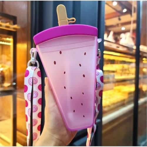 Cute Kids Water Bottles with Straws, Watermelon Leakproof Plastic Drink Water Bottles, Adjustable Shoulder Strap for Outdoor