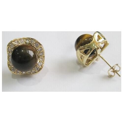 Fashion jewelry pretty 8mm tiger eye stone & crystal earring 925