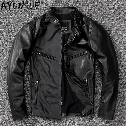 AYUNSUE Men Jacket Genuine Cowhide Leather Motorcycle Mens Jackets Autumn Coat Fashion Clothes Male 2020 Hommes Veste LXR678