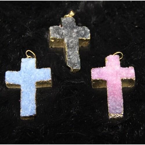 Thanksgiving Gifts! Plated 3Colors Druzy Stone Drusy Quartz Drop Pendant Cross Necklace Pendant On Sell 4pcs/lot