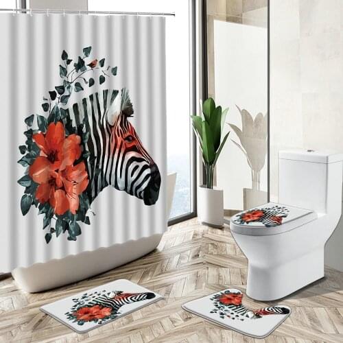Zebra Black White Striped Shower Curtain Plant Flower Abstract Animal European Style Bathroom deco Rug Toilet Cover Bath Mat Set