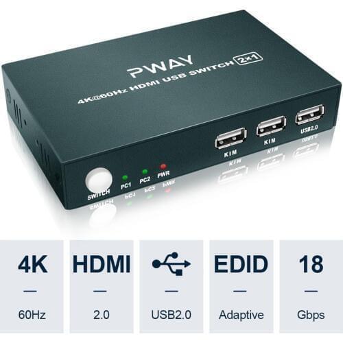 PWAY Out 4K USB HDMI KVM Switch Box Video Display USB Switch Splitter For 2 PC Sharing Keyboard Mouse Plug And Paly