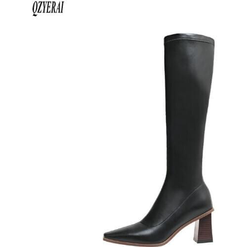 QZYERAI New winter Knee high boots Genuine leather Women boots fashion boots Female boots pointed warm Women shoes